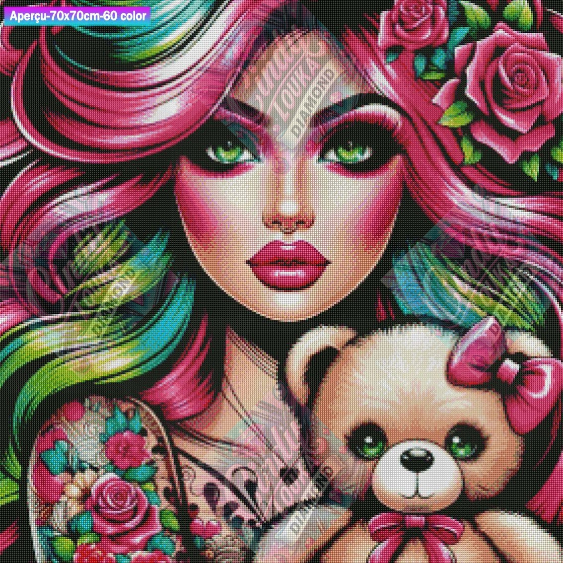 Beauté Féerique et son Ours Câlin 70x70 cm