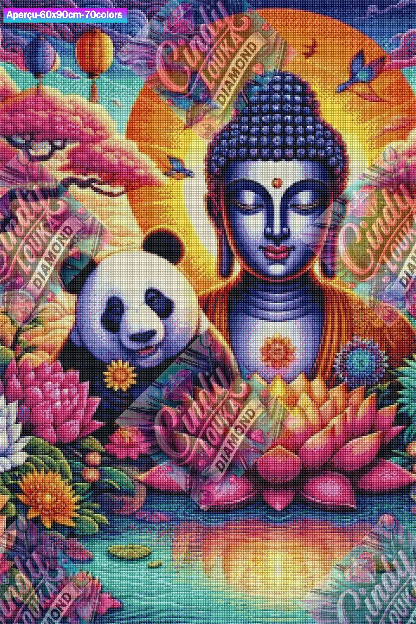 Bouddha, Panda et Lotus en Harmonie 60x90 cm