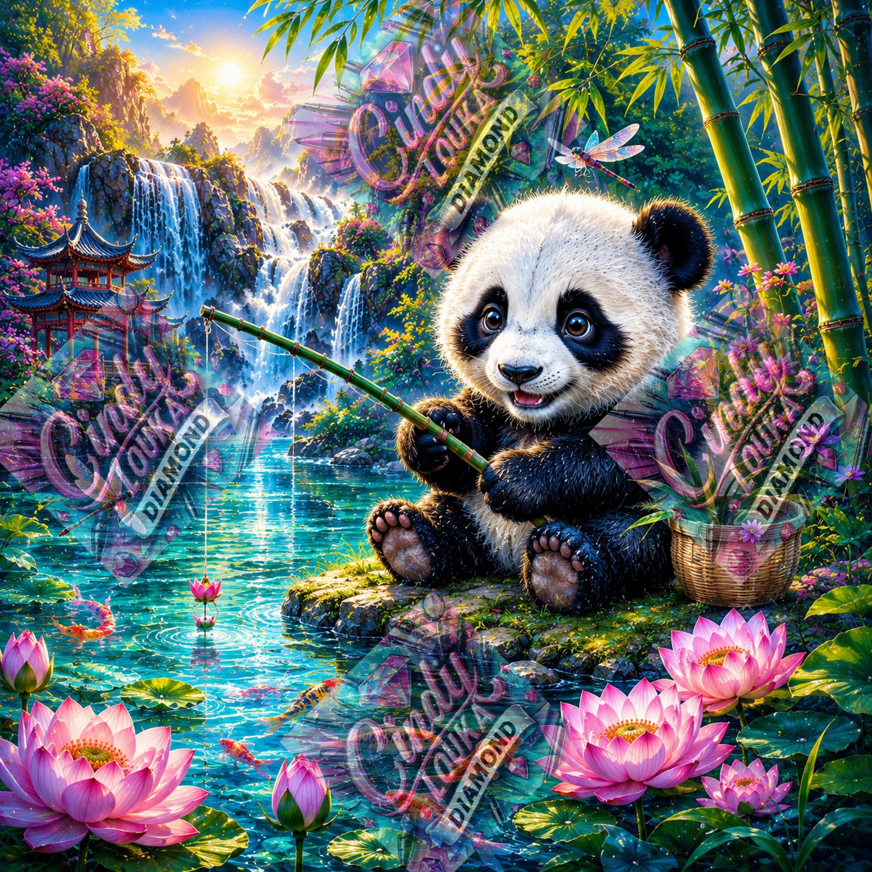 Pêche magique sous les bambous 70x70 cm
