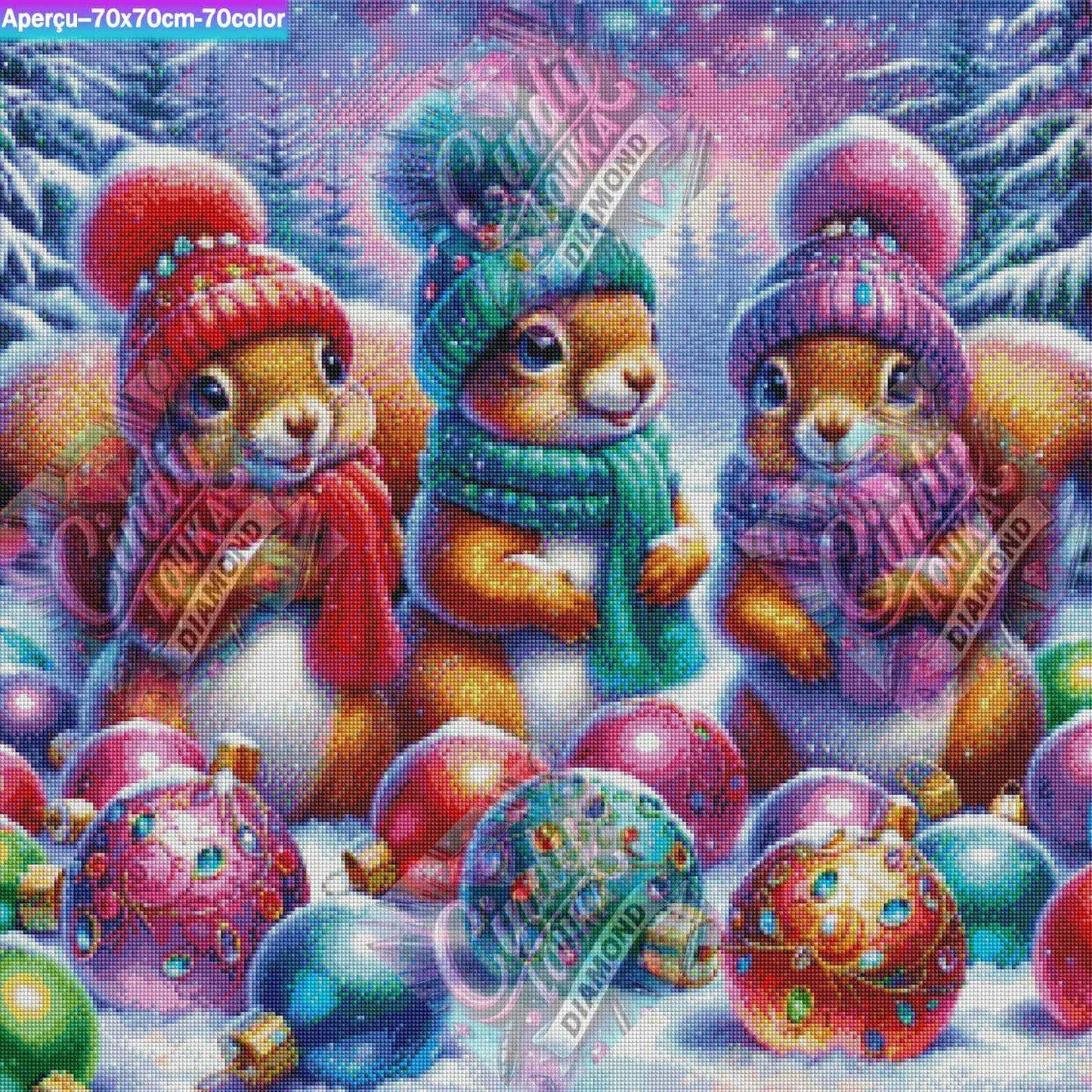 Trio Espiègle sous la Neige 70x70 cm