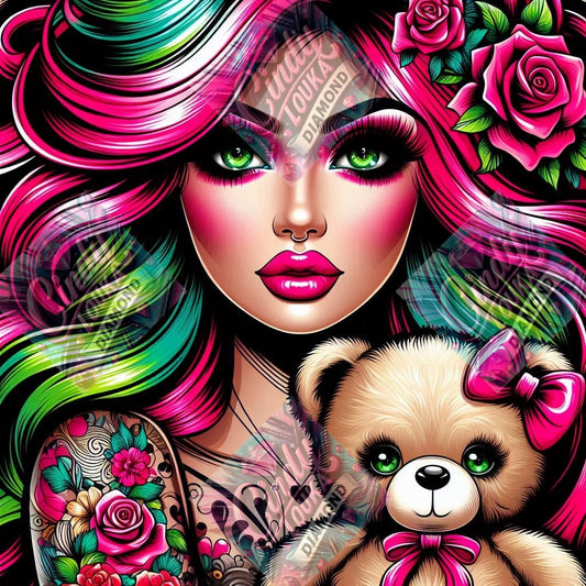 Beauté Féerique et son Ours Câlin 70x70 cm