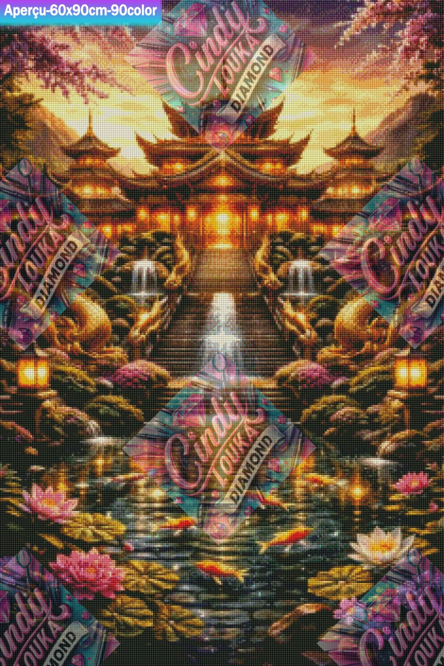 Lotus d’Or et Cascades Éternelles 60x90cm