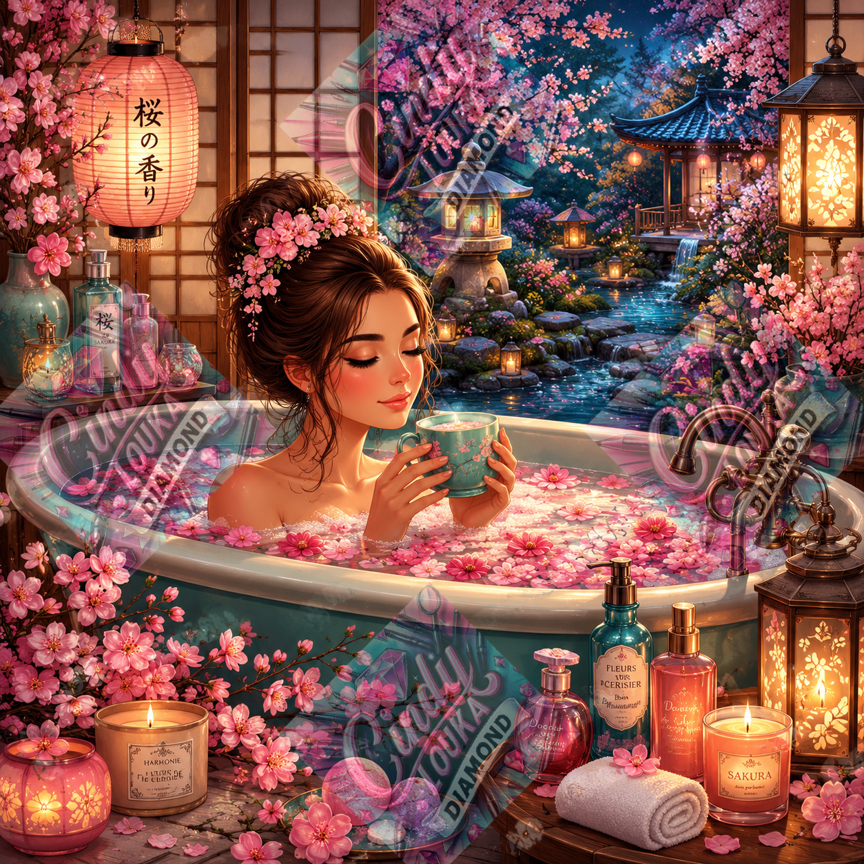 Bain aux Fleurs de Sakura 80x80 cm