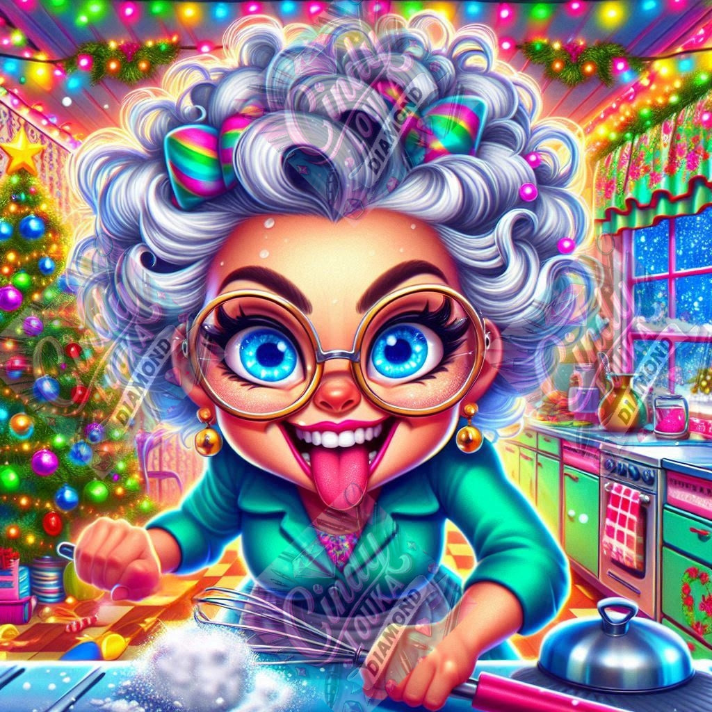 Mamie Folie en cuisine 70x70 cm