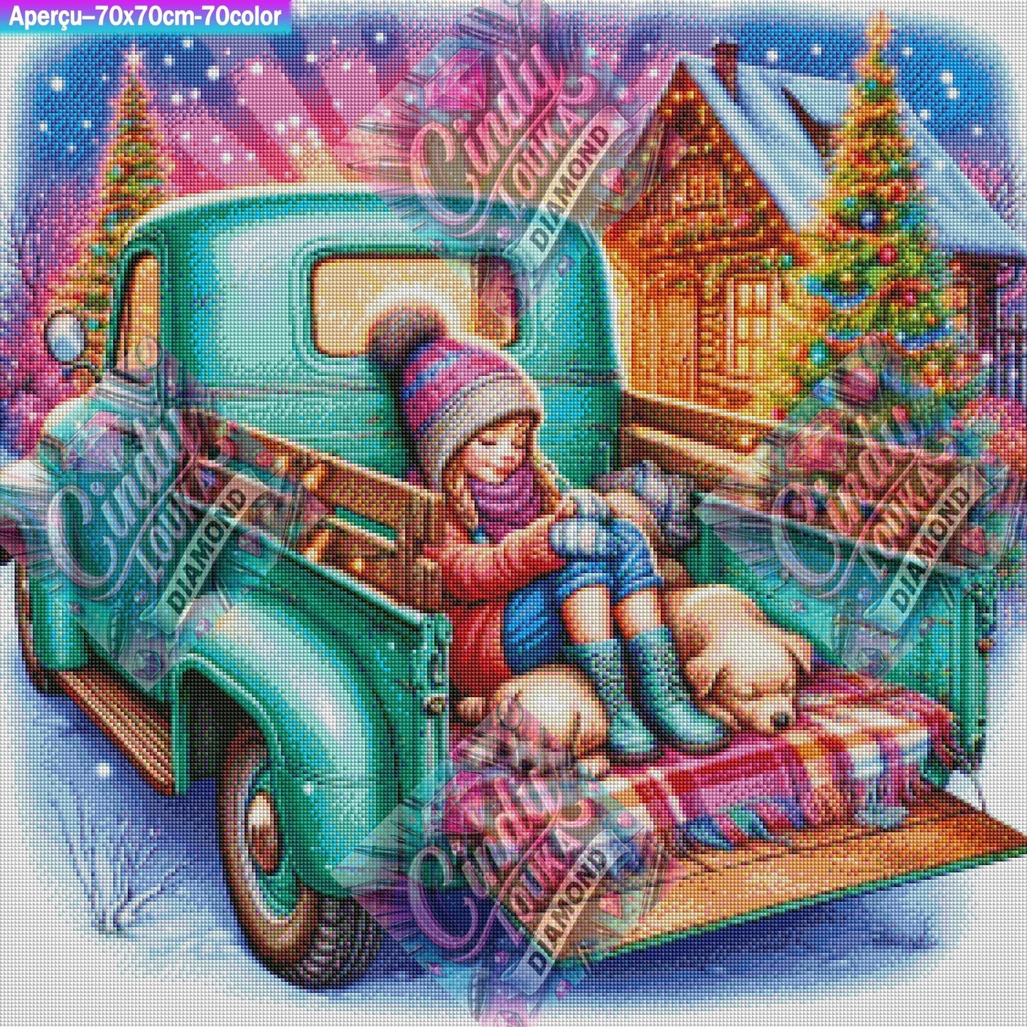 Petits compagnons du pick-up enneigé 70x70 cm