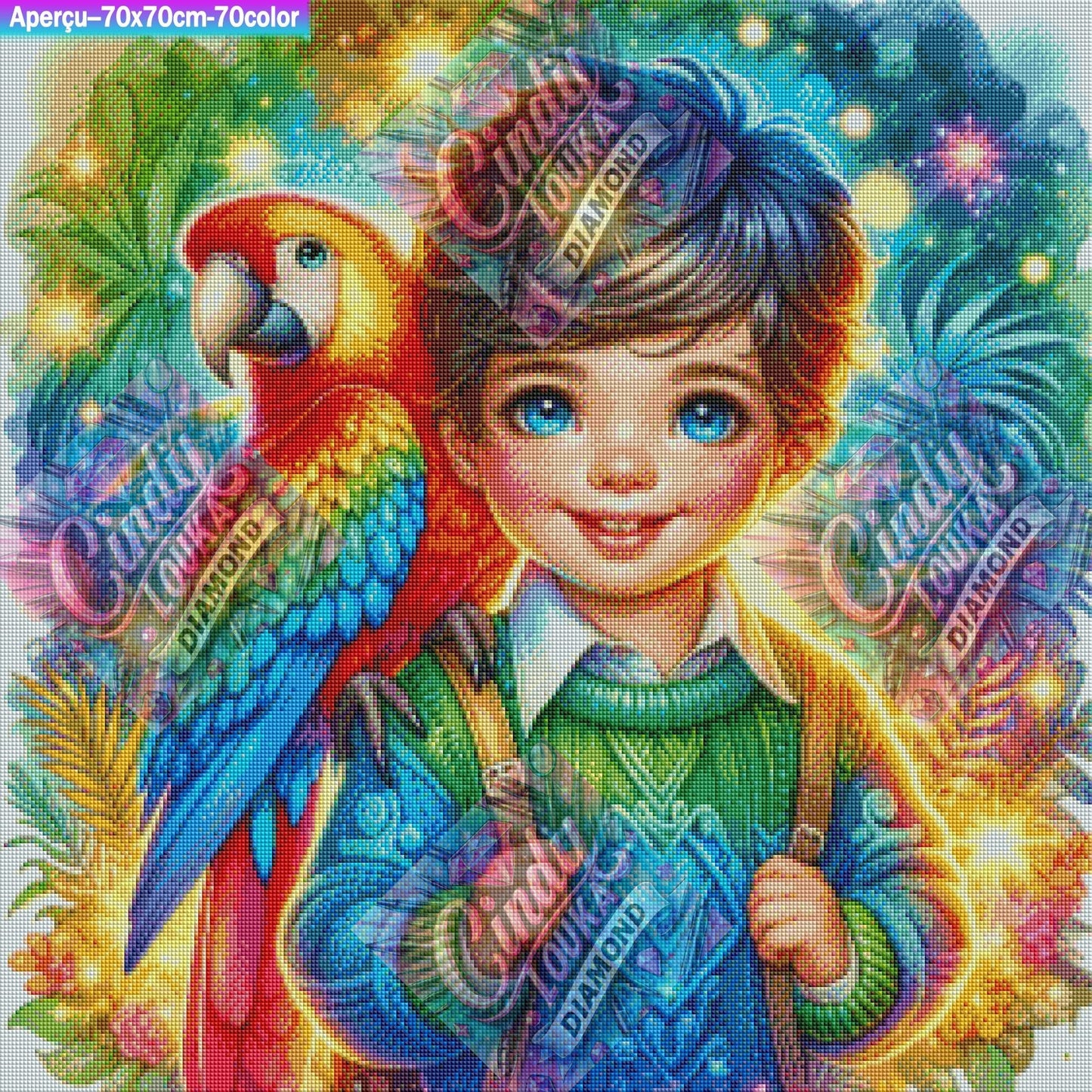 Le Petit Aventurier aux Plumes Arc-en-Ciel 70x70 cm