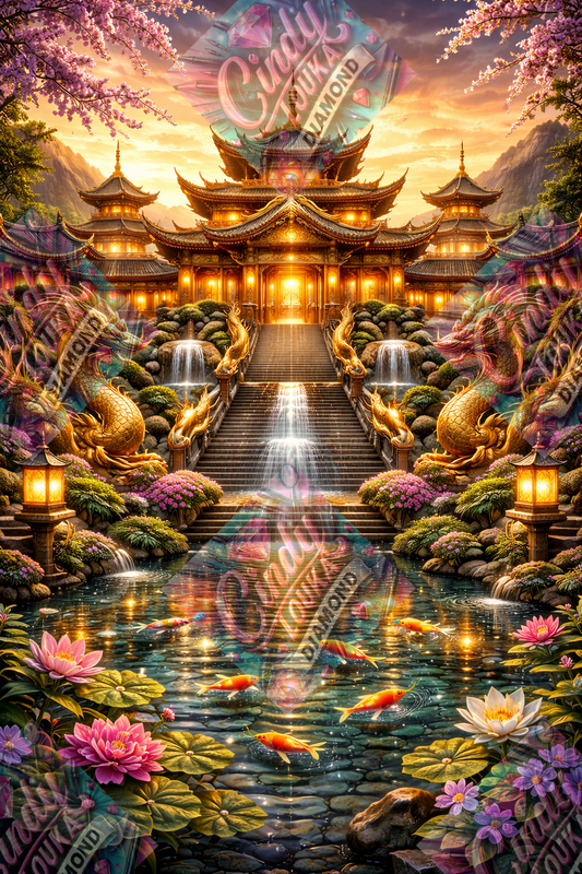Lotus d’Or et Cascades Éternelles 60x90cm