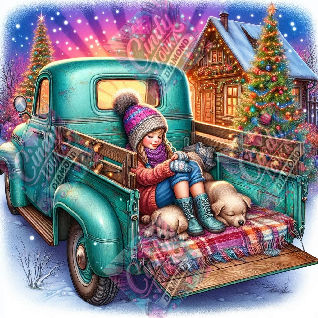 Petits compagnons du pick-up enneigé 70x70 cm