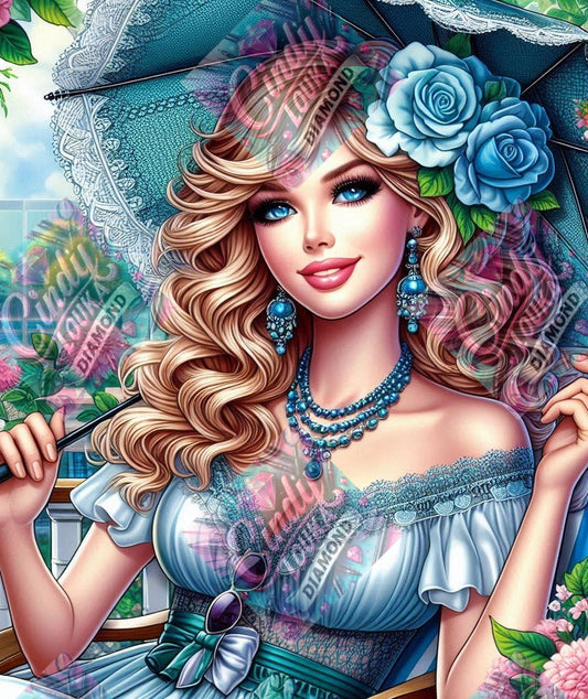 Elegance d Été sous l'Ombrelle Bleue 50x60cm